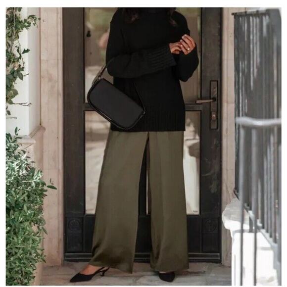 Jenni Kayne Sz XL Denim Pant Wide Leg Satin Silky Pants Green